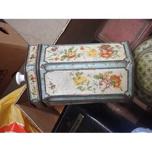 356 - A quantity of Tins including a pair of hexagonal Tins with floral designs, a Tea Caddy type with des... 