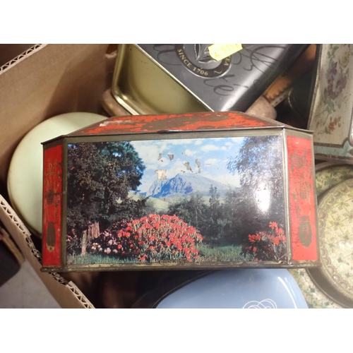 356 - A quantity of Tins including a pair of hexagonal Tins with floral designs, a Tea Caddy type with des... 