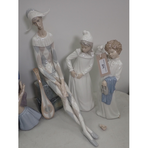 371 - A Lladro Clown Bust, a Lladro figure playing an instrument, and two Nao Figurines one A/F