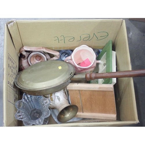 396 - Two boxes including Plated items, Trays, Coffee Pots, Jugs, a brass warming Pan a ceramic Tea pot, p... 