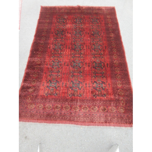 4 - A multi-bordered Afghan Carpet with geometric design on a red ground, 11ft 4in x 7ft 7in