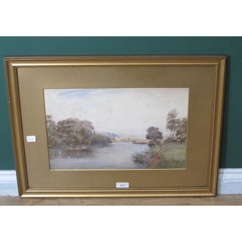 417 - JAMES MOORE. On a River - figures in a punt, with a village and church beyond, signed,watercolour, 1... 