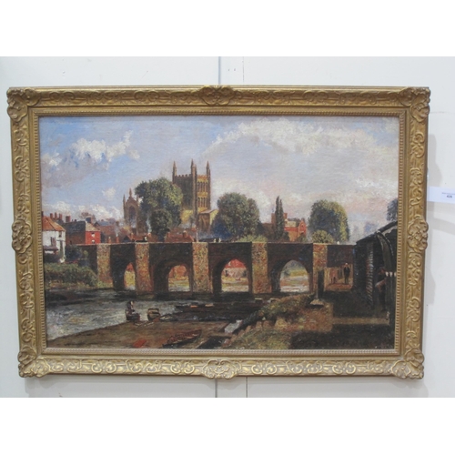 426 - JOHN BUXTON KNIGHT. Hereford Cathedral from the River Wye, signed, oil on canvas.
Provenance: Herber... 