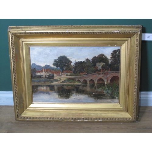 437 - GEORGE T. HOARE. A bridge over a river with buildings beyond, signed and dated 87, oil on canvas, 14... 