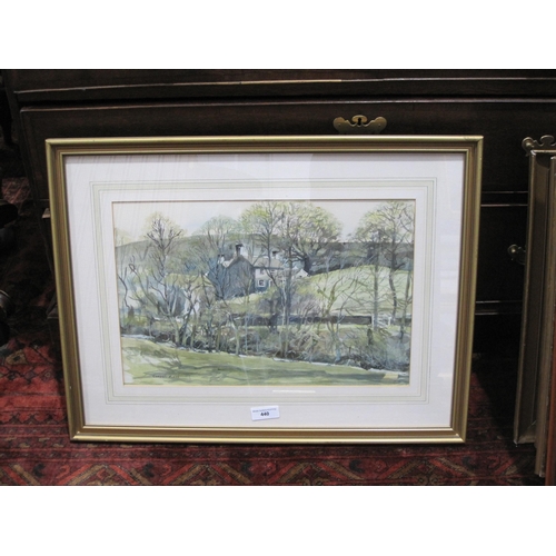 440 - GORDON FIRTH. A view across a brook towards a country house, signed, watercolour, 12 x 18½in; togeth... 