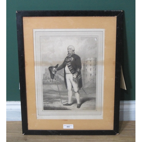 443 - AFTER HENRY EDRIDGE. Portrait of King George III standing outside Windsor Castle, engraving, pl. 13½... 