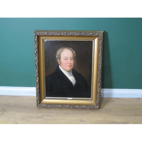 445 - ENGLISH SCHOOL, mid 19th Century. Portrait of a Gentleman, quarter-length, wearing a black coat and ... 