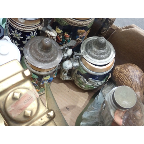 455 - Two boxes of glass and ceramics including, a collection of old glass Bottles, a Beswick Penguin Chic... 