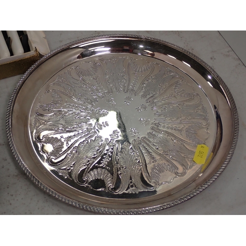 477 - A quantity of plated Stands, plated Salver, Coaster, Fish Knives and Forks etc