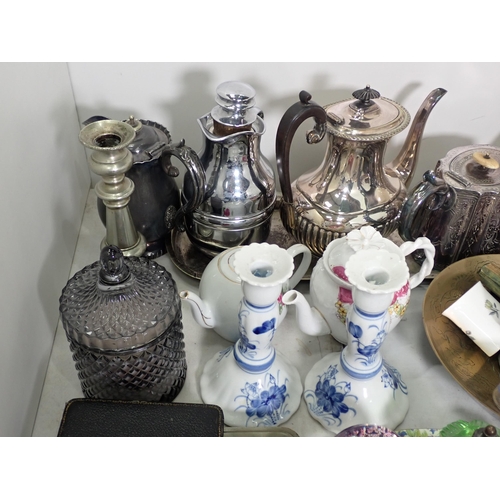 483 - A large Jug bearing registration mark, a blue and white Teapot A/F, plated ware, Pens etc