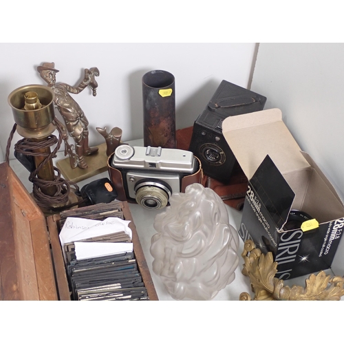 488 - A Case of colour and monochrome Lantern Slides, two Cameras, a cast iron Shoe Last, two gilt metal b... 