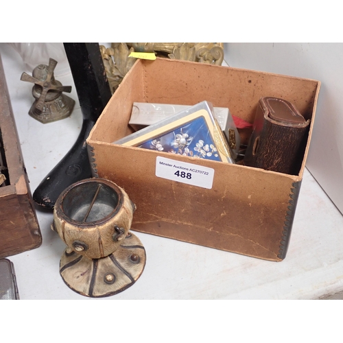 488 - A Case of colour and monochrome Lantern Slides, two Cameras, a cast iron Shoe Last, two gilt metal b... 