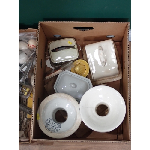 489 - Three Boxes of Kitchenalia, two pottery Stands, Cheese Dish, Sardine Dish etc some A/F