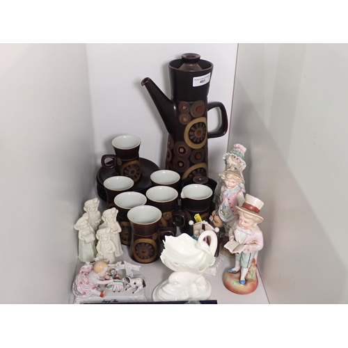 491 - A Denby pottery Coffee Service, Continental Figures, a Royal Worcester shell and dolphin Salt and a ... 