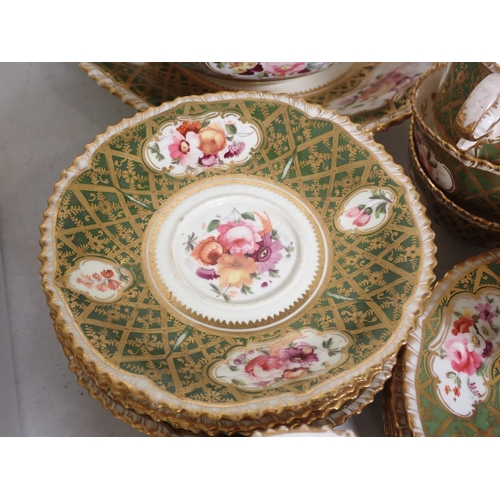 493 - A Swansea part Tea Set painted sprays with gilt decoration on a green ground, some A/F