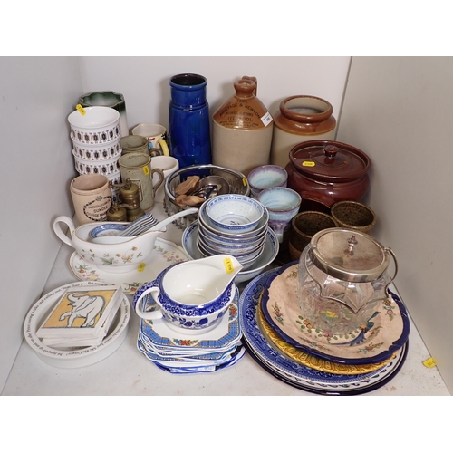 498 - An Armitage and Newton stoneware Flagon, Plates, Mugs, etc