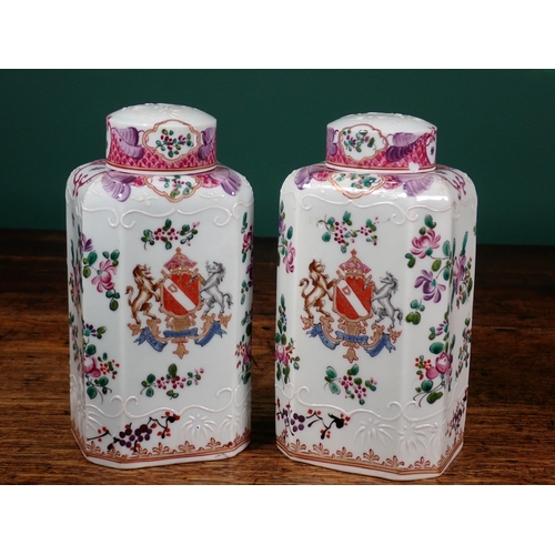 500 - A pair of Samson, Paris octagonal Jars and covers decorated coats of arms and floral sprays, 6 1/2in... 