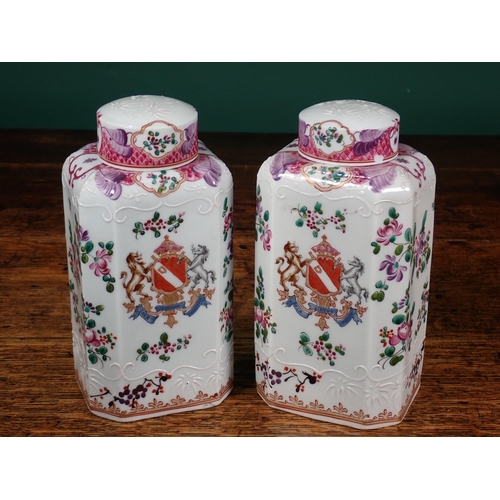 500 - A pair of Samson, Paris octagonal Jars and covers decorated coats of arms and floral sprays, 6 1/2in... 