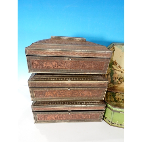 529 - Three Huntley and Palmer Tins in the form form of sandalwood Boxes and four other Tins