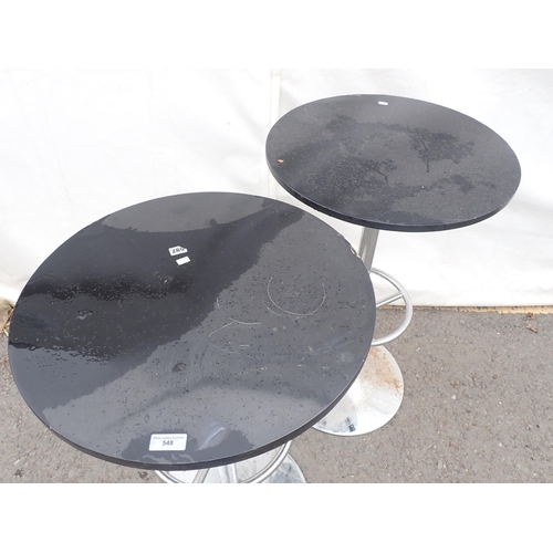 548 - A pair of circular garden Pub Tables, A/F, 3ft 3in H