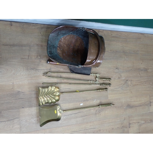 574 - A copper Coal Scuttle, Shovel and brass Fire Irons