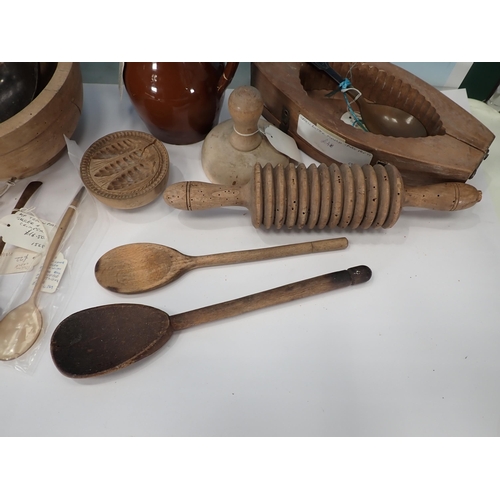 603 - Two boxes of Butter Moulds, sycamore treen Bowl, Rolling Pin, plated Card Tray, Franklin Heirloom Do... 