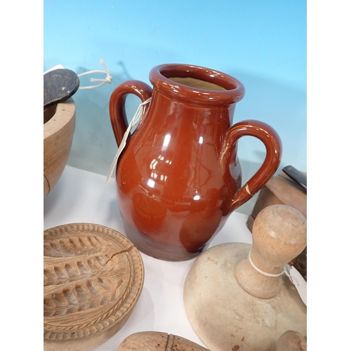 603 - Two boxes of Butter Moulds, sycamore treen Bowl, Rolling Pin, plated Card Tray, Franklin Heirloom Do... 