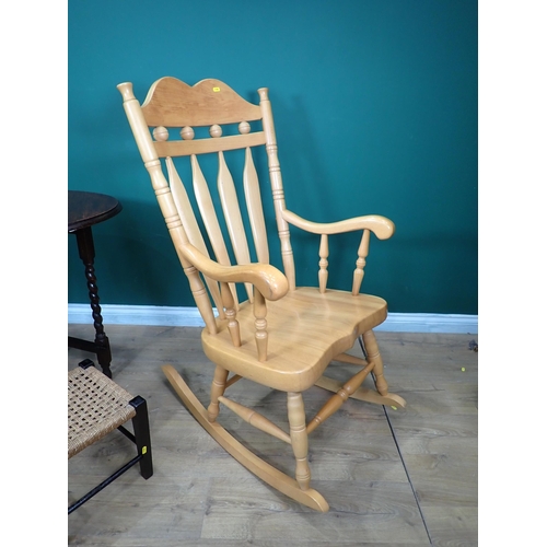 605 - A beech Rocking Chair, oak barley twist dropleaf Occasional Table and a Stool