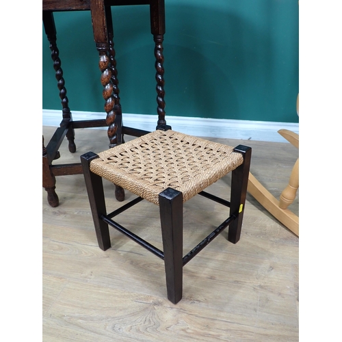 605 - A beech Rocking Chair, oak barley twist dropleaf Occasional Table and a Stool