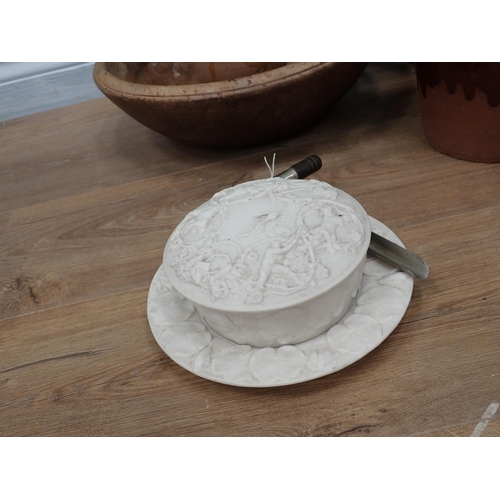 608 - A sycamore Bowl, Cheese Tester, two Plant Pots, Jug, Parian Butter Dish on Stand, Cheese Dish and Co... 