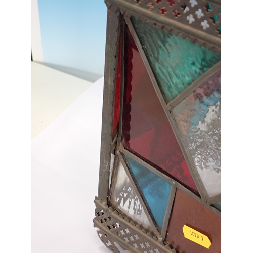 638 - A copper Lantern with coloured leaded glass pains 11in x 8in