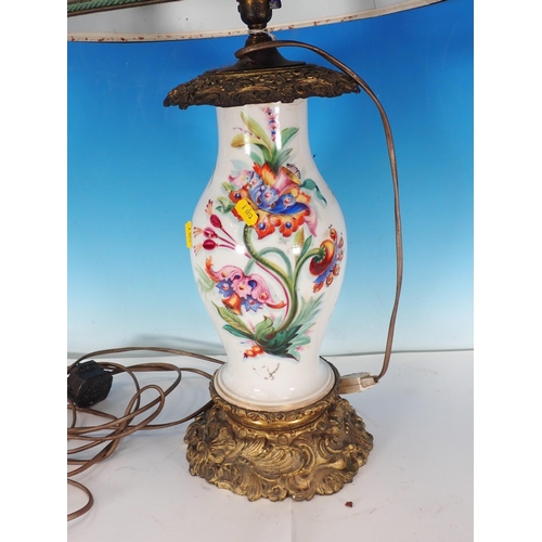 644 - A 19th Century porcelain Table Lamp with painted floral design and shade on gilt metal base 2ft 3in ... 