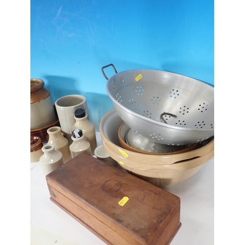 658 - Two boxes of Mixing Bowls, stoneware Bottles, Jam Pans, etc.