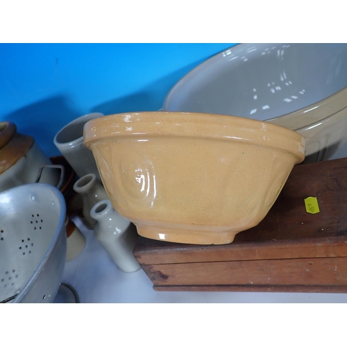 658 - Two boxes of Mixing Bowls, stoneware Bottles, Jam Pans, etc.