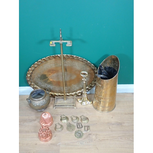 695 - A Coal Scuttle, oval Tray, brass Fire Iron Stand, Jelly Moulds and Horse Brasses