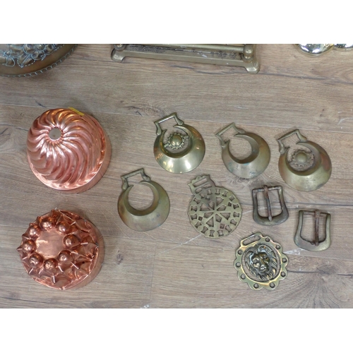 695 - A Coal Scuttle, oval Tray, brass Fire Iron Stand, Jelly Moulds and Horse Brasses