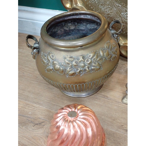 695 - A Coal Scuttle, oval Tray, brass Fire Iron Stand, Jelly Moulds and Horse Brasses