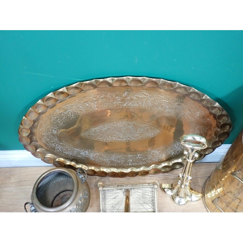 695 - A Coal Scuttle, oval Tray, brass Fire Iron Stand, Jelly Moulds and Horse Brasses