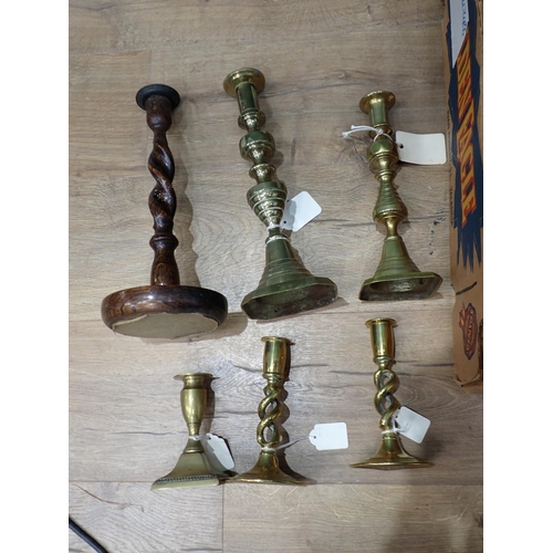 705 - Two Boxes of Candlesticks including ones in oak, brass etc