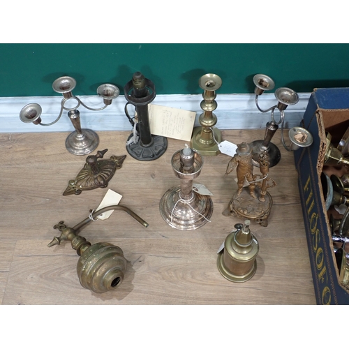 705 - Two Boxes of Candlesticks including ones in oak, brass etc