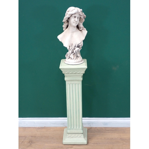 725 - A bust of a maiden on a green pottery fluted pedestal, bust 19in H