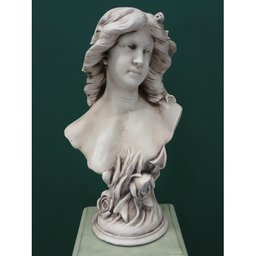 725 - A bust of a maiden on a green pottery fluted pedestal, bust 19in H