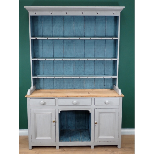 728 - A blue painted Dog Kennel Dresser with open shelves and fitted drawers and cupboards, 6ft 9in H x 4f... 