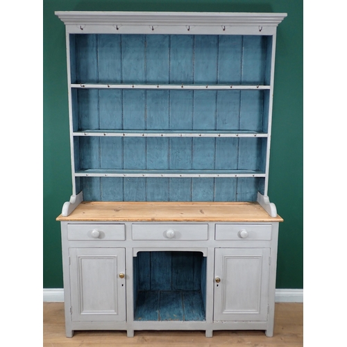 728 - A blue painted Dog Kennel Dresser with open shelves and fitted drawers and cupboards, 6ft 9in H x 4f... 