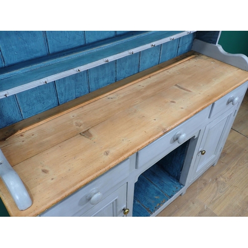 728 - A blue painted Dog Kennel Dresser with open shelves and fitted drawers and cupboards, 6ft 9in H x 4f... 