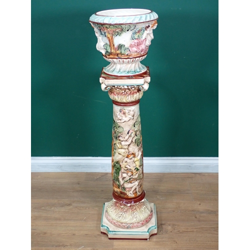 729 - A Capo Dimonte Jardiniere on stand with moulded design of allegorical scene, 3ft 6in H