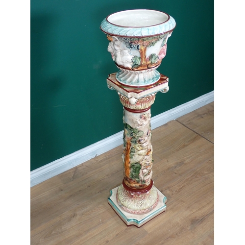 729 - A Capo Dimonte Jardiniere on stand with moulded design of allegorical scene, 3ft 6in H