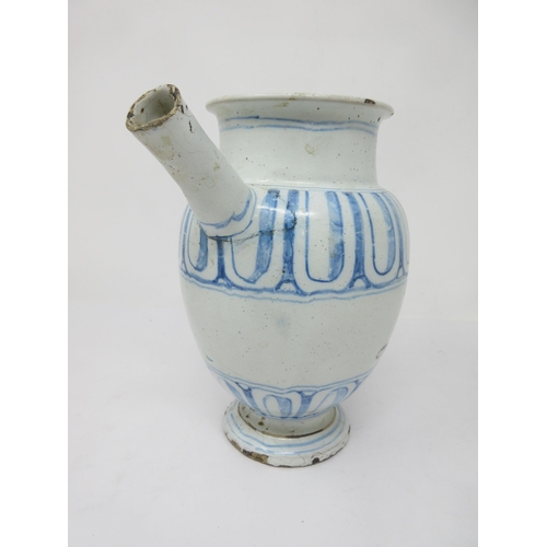 90 - A Delft blue and white Drug Jar with spout, manganese title 'S.S. Citri', 8in, A/F