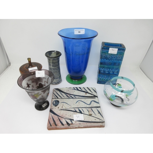 96 - An Orrefors Studio Glass Vase in blue and green, 8½in, two Kosta Boda Vases, 5in, and 4in, three pie... 