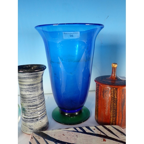 96 - An Orrefors Studio Glass Vase in blue and green, 8½in, two Kosta Boda Vases, 5in, and 4in, three pie... 